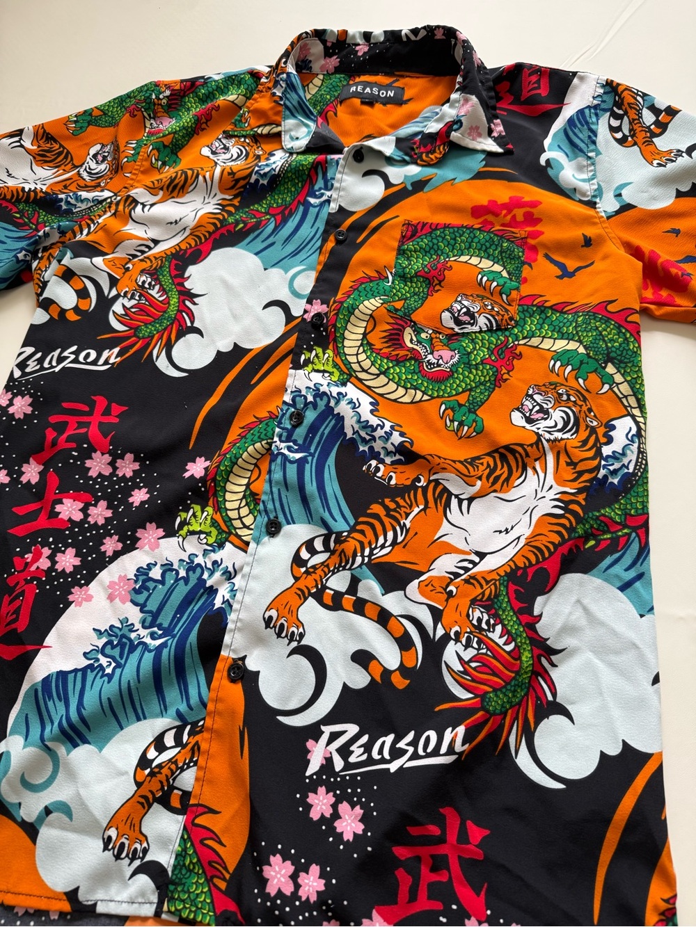Reason Orange, Black & Green Dragon Tiger Print Short Sleeve Shirt